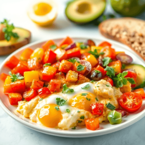 A colorful breakfast plate with scrambled eggs, vibrant vegetables, and herbs, accompanied by whole grain toast and avocado slices, set against a b...