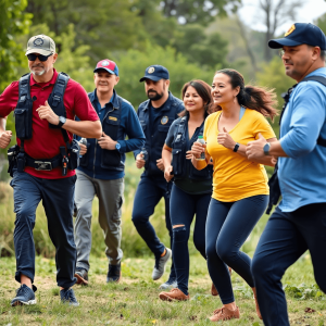 A diverse group of veterans and first responders exercising outdoors in nature, surrounded by fresh fruits and water bottles, promoting a healthy l...