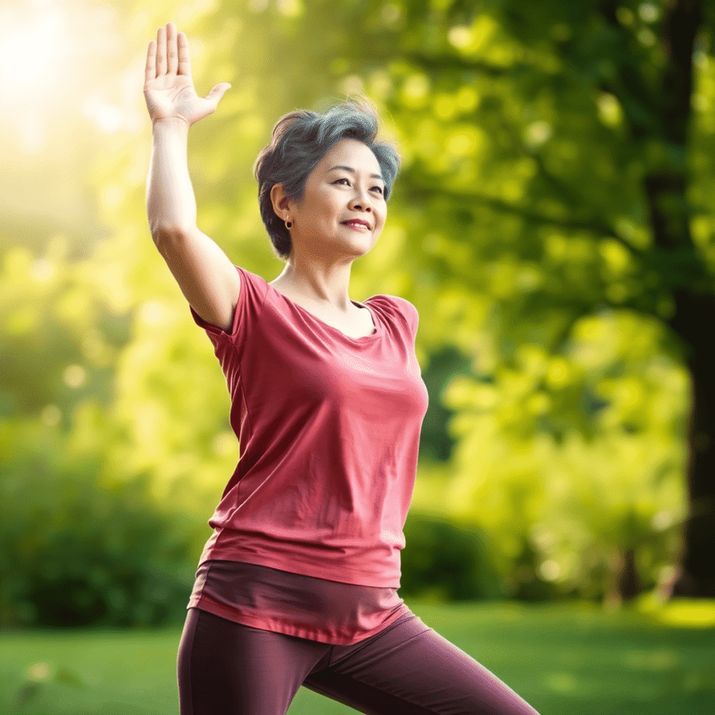 A middle-aged woman practicing yoga outdoors amidst lush greenery and soft sunlight, embodying strength and balance in a serene and empowering atmo...