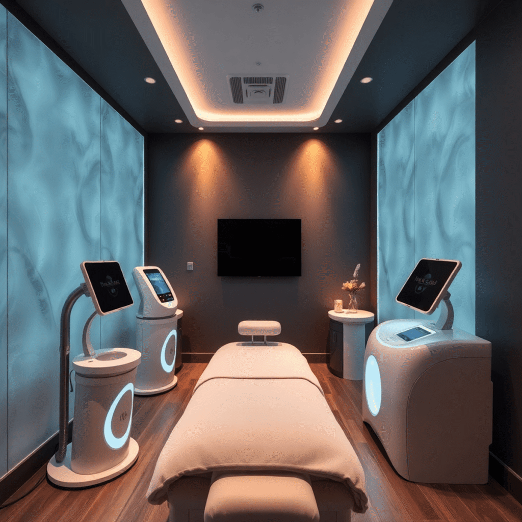 Modern med spa treatment room with advanced body sculpting equipment, soft ambient lighting, and a calm, serene atmosphere.