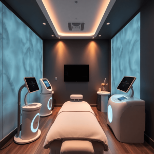 Modern med spa treatment room with advanced body sculpting equipment, soft ambient lighting, and a calm, serene atmosphere.