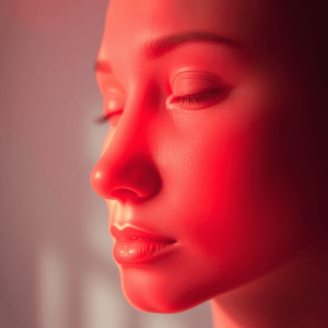 Close-up of smooth, radiant skin bathed in warm red light with soft beams symbolizing healing and rejuvenation in a calm, spa-like setting.
